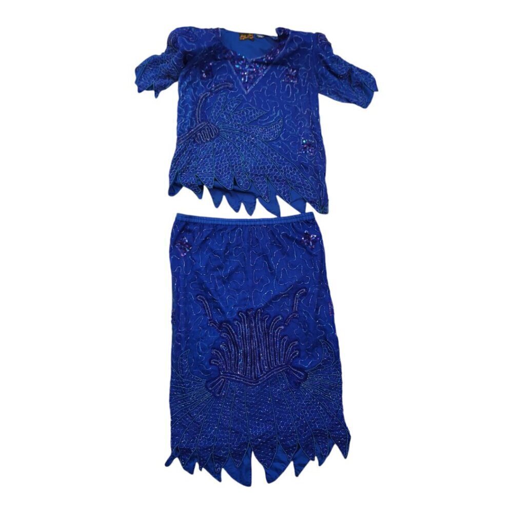 Beautiful Breaded Augustus impression Two Pieces 100% Pure Silk Blue Sz Large L